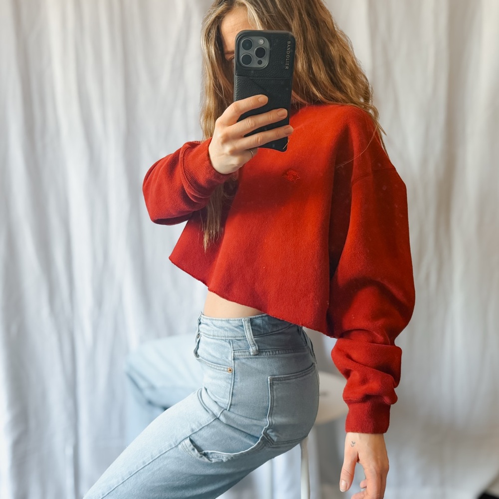 STARTER long sleeve crewneck sweatshirt cropped streetwear red maroon